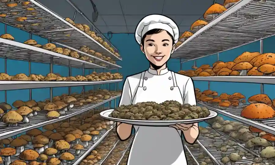 Una persona con una variedad de platos basados en hongos con estantes de secado o desecadores en el fondo.