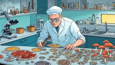 Un micólogo experto que maneja platos petri y examina hongos bajo un microscopio.