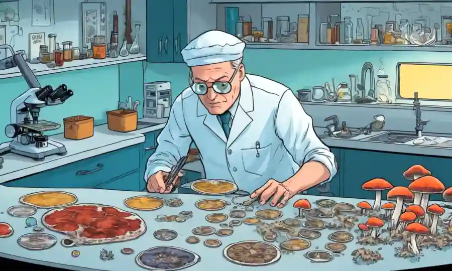 Un micólogo experto que maneja platos petri y examina hongos bajo un microscopio.