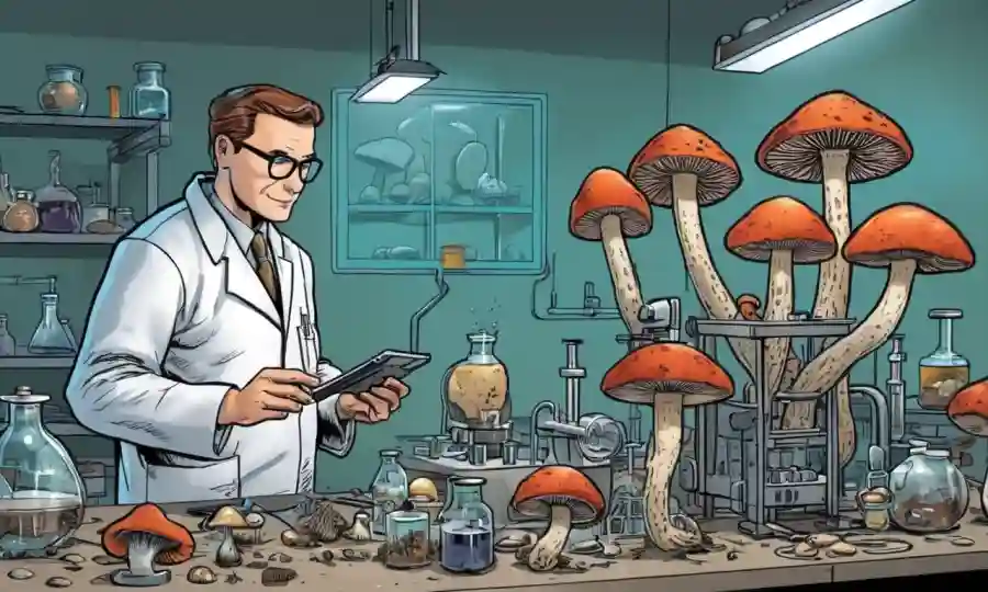 Scientist examina diferentes setas en un entorno de laboratorio con equipos tradicionales y modernos.
