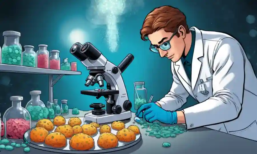 Microbiólogo usando microscopio para contar esporas fúngicas en platos petri.