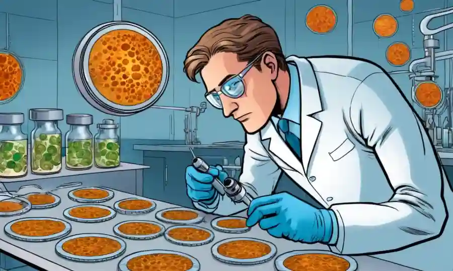 Microbiólogo que examina los platos petri llenos de varias esporas bajo un microscopio.