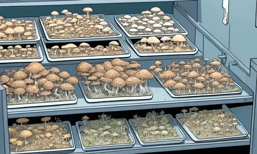 Ilustración científica de especímenes de hongos que se almacenan en un laboratorio con superposición de texto destacando pasos clave para la extracción.