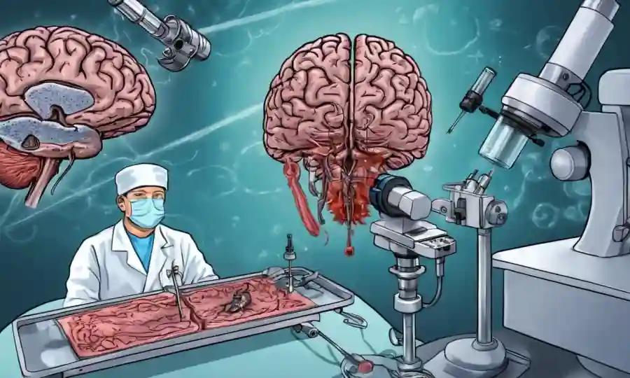 El equipo quirúrgico cerebral y el microscopio se centran en la extracción de lesiones cerebrales (esclerocios).