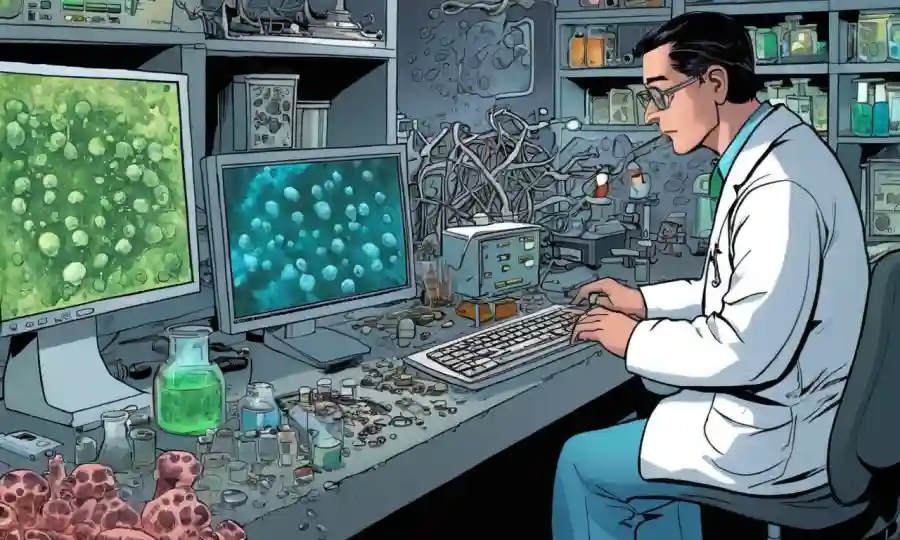 Análisis científico de datos moleculares en un ordenador, rodeado de muestras fúngicas y equipos de laboratorio.