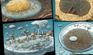 Muestras microscópicas de hongos en una diapositiva con varias herramientas de análisis digitales cercanas.