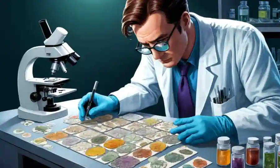 Científico de laboratorio examinando diapositivas de microscopio con varias muestras fúngicas que rodean.