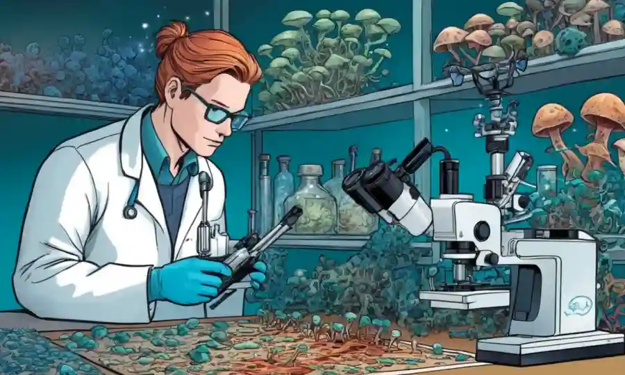 Un biólogo molecular que estudia secuenciación de ADN con especímenes y microscopios de hongos.