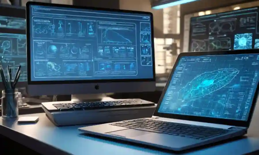 Diagramas científicos y códigos genéticos en una pantalla portátil con equipo de laboratorio en segundo plano.