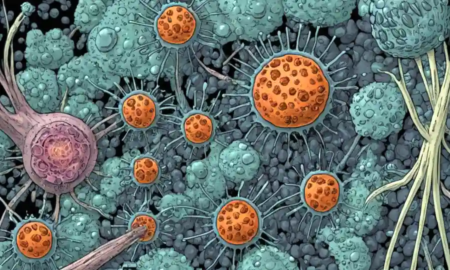Imagen microscopia de esporas magnificada en una pantalla de computadora, con varias herramientas tecnológicas que la rodean.