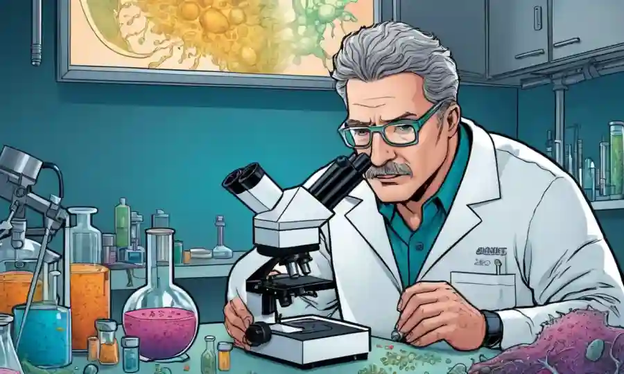 Un biólogo que estudia microorganismos bajo un microscopio en un laboratorio de vanguardia.