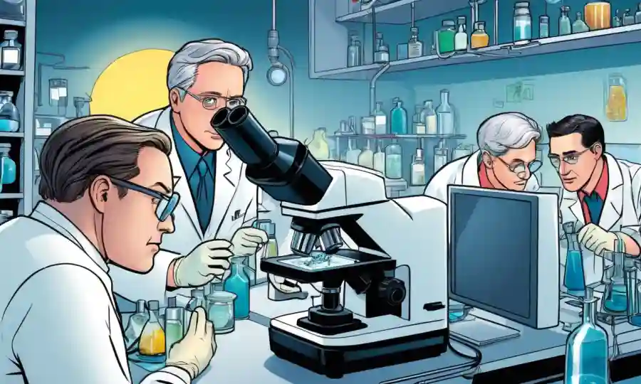 Científicos que observan microorganismos a través de un microscopio electrónico en un entorno de laboratorio.