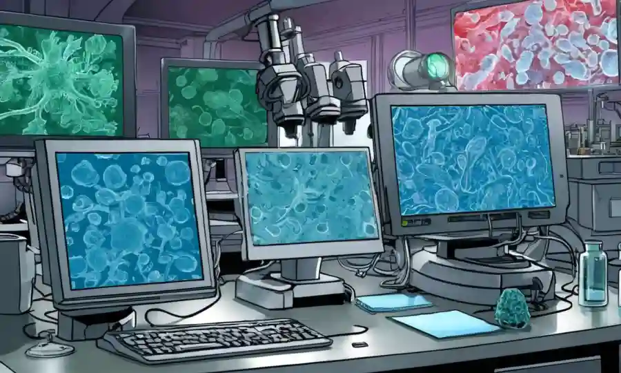 Microscopio mostrando microorganismos con pantallas de ordenador y equipo de laboratorio en el fondo.