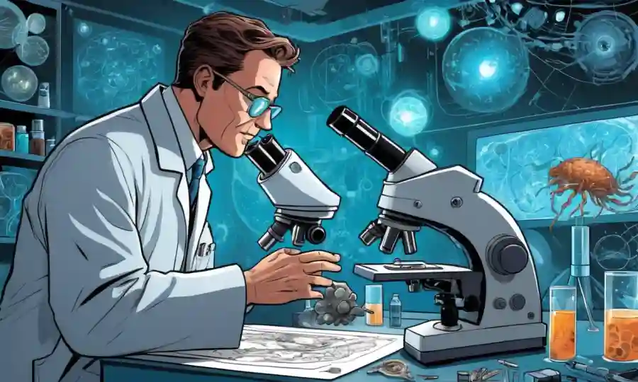 Un científico en un laboratorio, microscopio en la mano, rodeado de tecnología futurista y diagramas de organismos simbióticos.