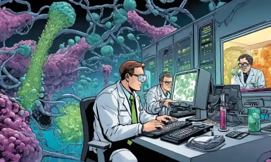 Científicos analizando datos en computadoras con crecimiento de microbios que los rodean.