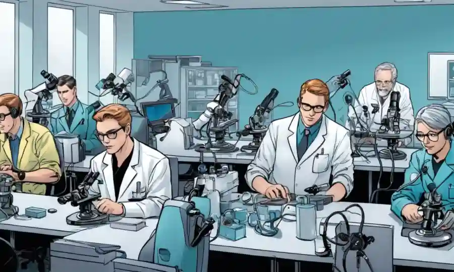 Investigadores que trabajan en mesas con diversos dispositivos y microscopios.