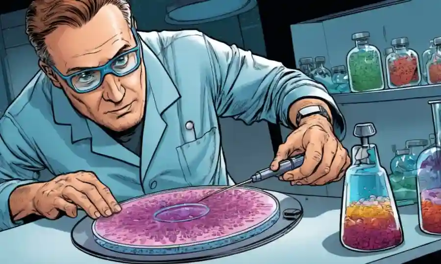 Un biólogo usando herramientas avanzadas para manipular microorganismos en un plato petri.