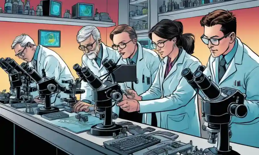 Científicos que examinan microscopios o pantallas de ordenador llenas de visualizaciones de datos.
