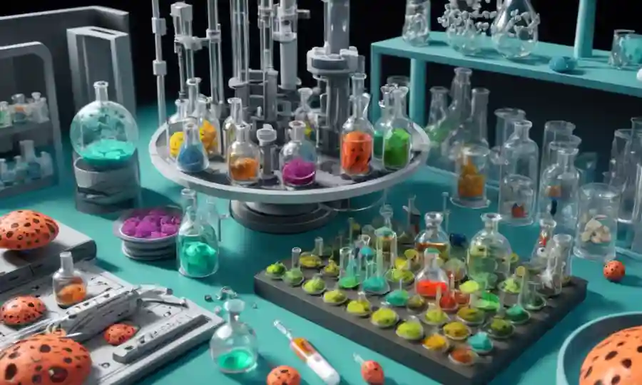 Fungi culture vials surrounded by lab instruments and 3D print models.