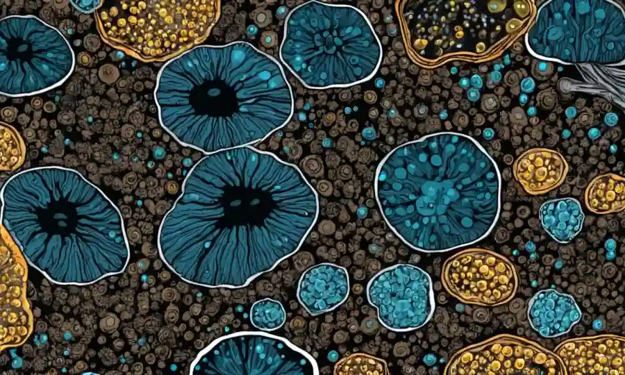 Esporas de hongos y visualizaciones de datos que rodean un microscopio o pantalla de computadora.