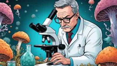 Científico examinando muestras fúngicas a través de un microscopio con tecnología de laboratorio innovadora.