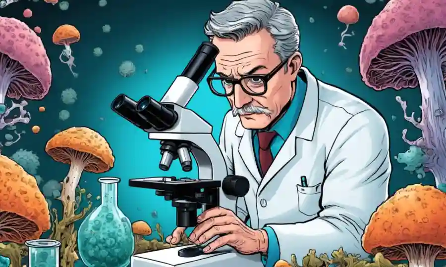 Científico examinando muestras fúngicas a través de un microscopio con tecnología de laboratorio innovadora.