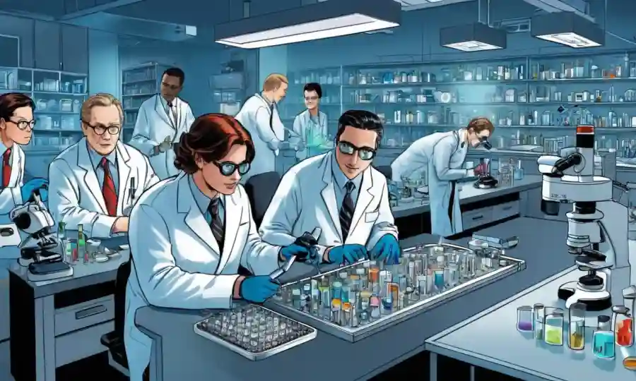 Científicos rodeados de secuencias de ADN y muestras de microscopio en un entorno de laboratorio moderno.