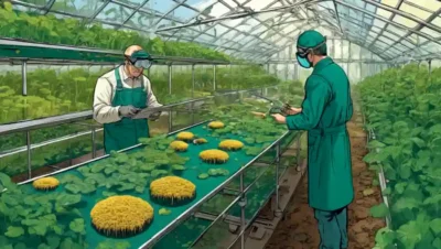 Farmers in goggles examining fungal cultures in futuristic greenhouses.