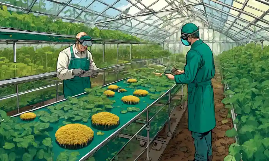 Farmers in goggles examining fungal cultures in futuristic greenhouses.