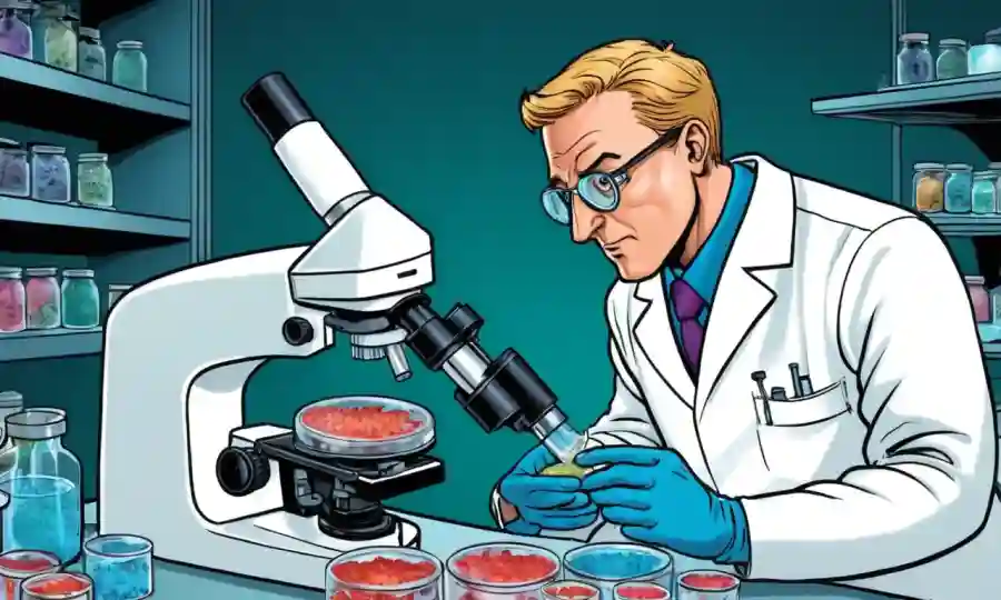 Científico analizando un plato petri lleno de muestras fúngicas en un microscopio.