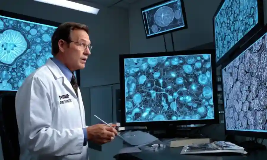 Científico usando tecnología avanzada de visualización para estudiar células de hongos en una pantalla de alta definición.