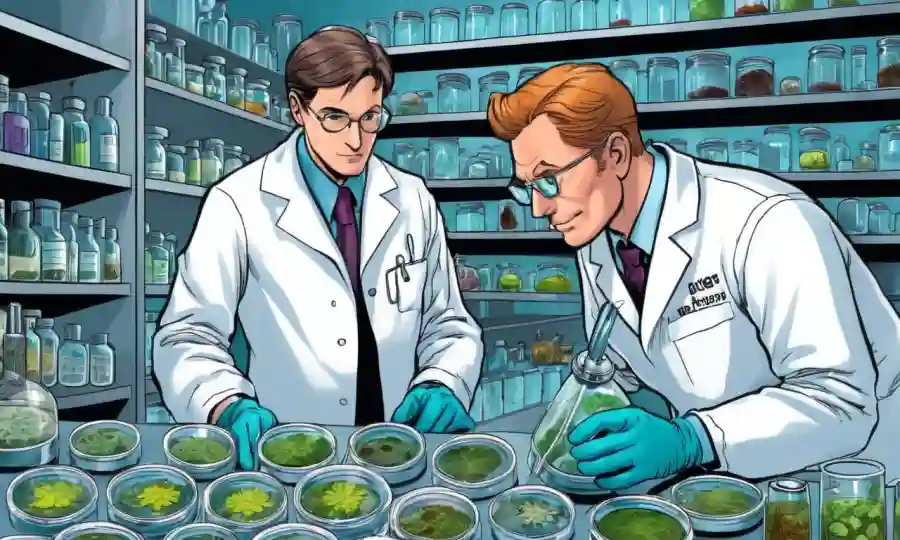 Científico en la capa de laboratorio examinando platos petri y microscopios con diversas culturas hongos.