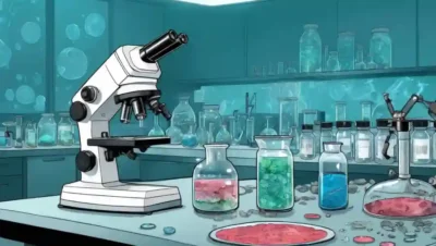 Microscopios y platos petri en un banco de laboratorio junto a muestras fúngicas.