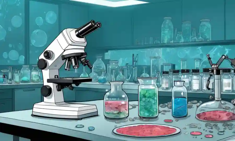 Microscopios y platos petri en un banco de laboratorio junto a muestras fúngicas.
