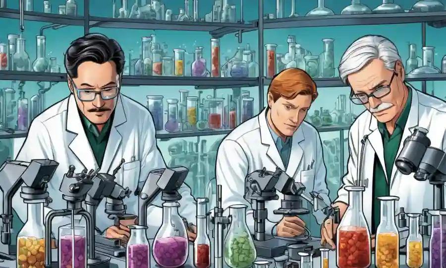 Científicos rodeados de equipos de fermentación y vasos con microscopios y tubos de ensayo.