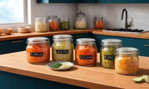 Alimentos fermentados ricos en vitaminas como kimchi y sauerkraut en contenedores de moda en un mostrador de cocina moderno.