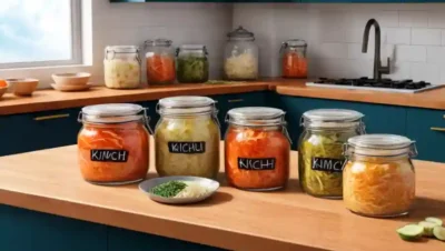 Alimentos fermentados ricos en vitaminas como kimchi y sauerkraut en contenedores de moda en un mostrador de cocina moderno.
