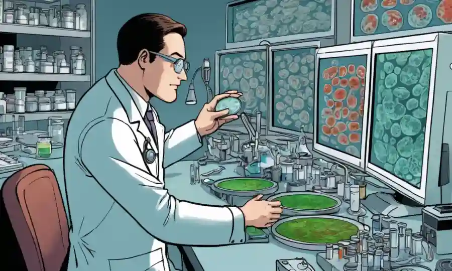 Un científico de laboratorio que examina platos petri llenos de culturas fúngicas en medio de pantallas y equipos informáticos.