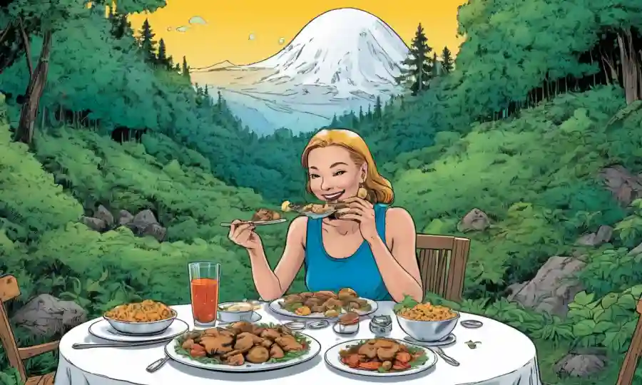 Una persona disfrutando de una comida gourmet basada en hongos, rodeada de naturaleza exuberante.