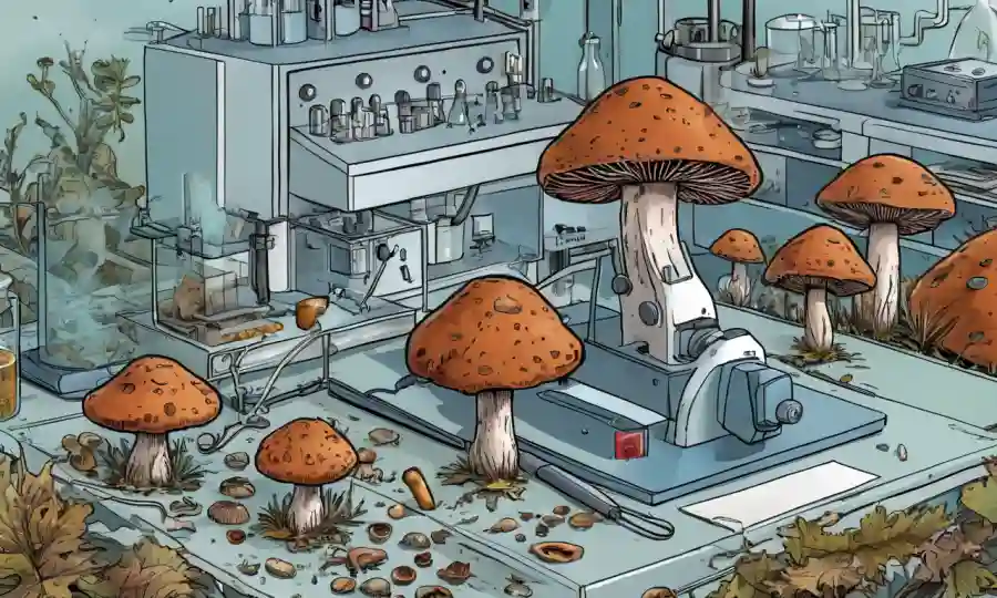 Imagen microscópica de diversos hongos medicinales rodeados de equipos de laboratorio.
