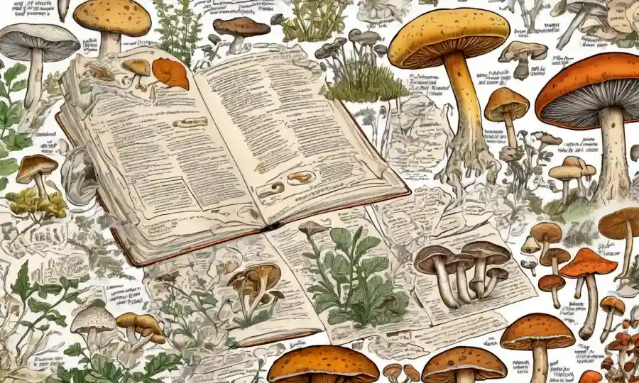 Ilustración científica de varias especies de hongos con notas relacionadas con la salud en el fondo.