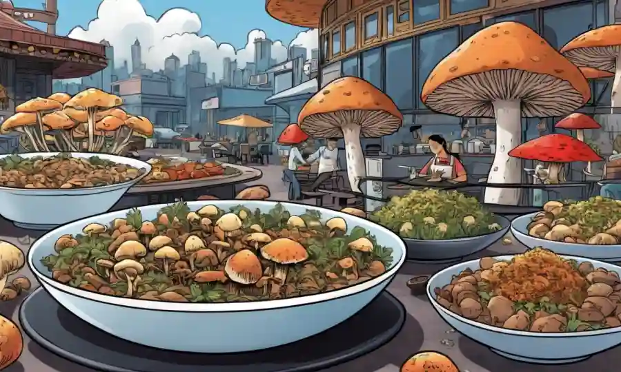 Ilustraciones de varios hongos en platos culinarios en medio de restaurante de moda o fondo de mercado.
