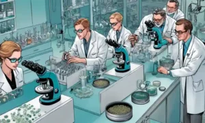 Profesionales de laboratorio mirando a través de microscopios entre matrices petri y equipos modernos.