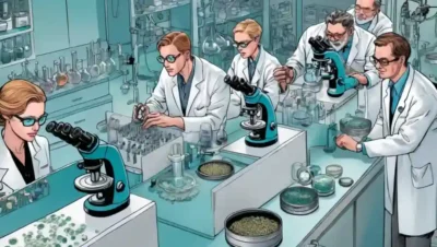 Profesionales de laboratorio mirando a través de microscopios entre matrices petri y equipos modernos.