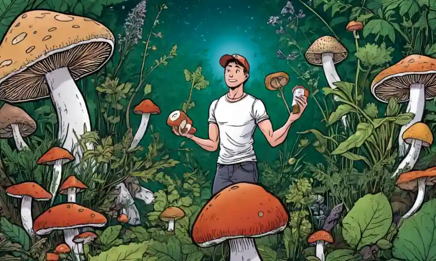 Una persona que tiene varios suplementos basados en hongos en medio de un fondo herbal.