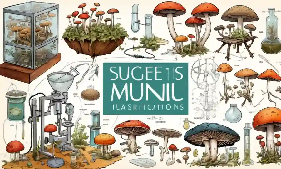 Ilustraciones de hongos rodeadas de diagramas científicos y equipos de laboratorio.