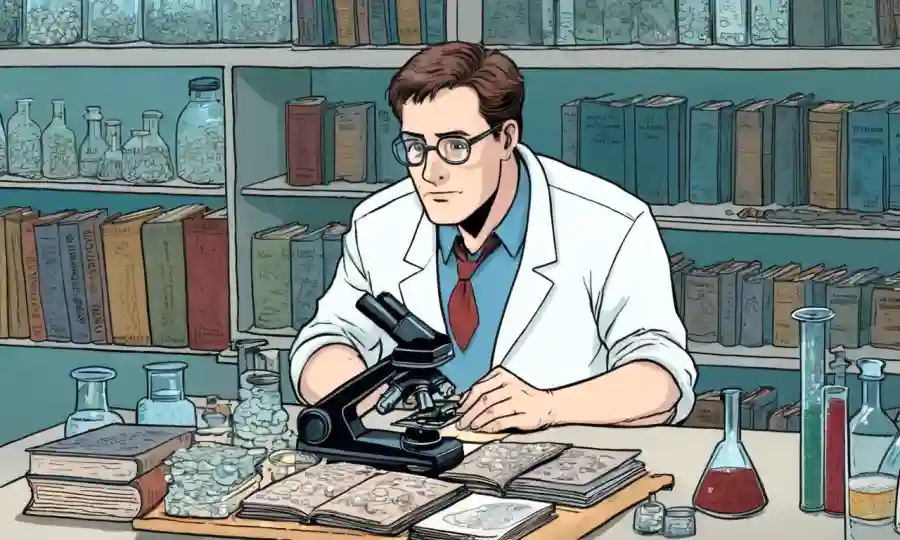 Una persona que estudia deslizamientos de microscopio en un laboratorio lleno de culturas y libros fungosos.