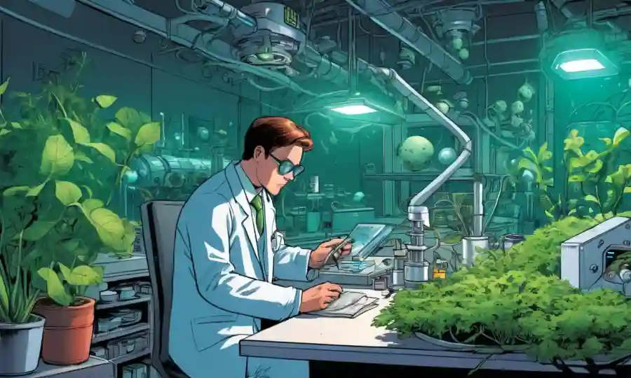 Un científico que estudia hongos en un laboratorio en medio de equipos futuristas y plantas verdes.