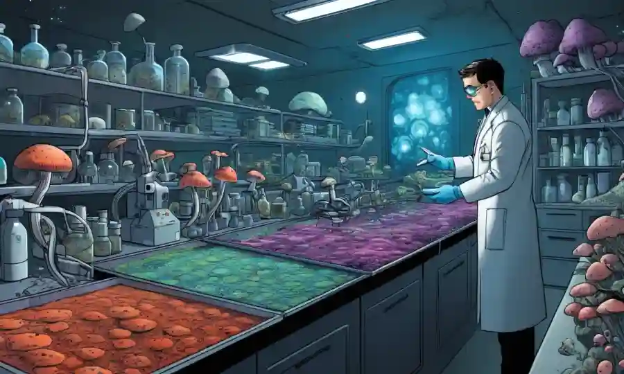 Un científico que trabaja en un laboratorio rodeado de muestras fúngicas y tecnología futurista