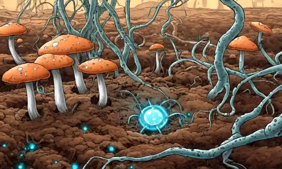 Imagen cercana de hongos creciendo en suelo con equipos de laboratorio futuristas y estructuras moleculares.